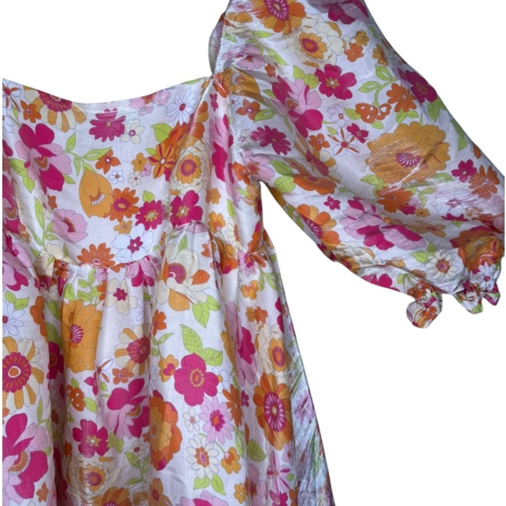 Storia Floral Metallic Puff Sleeve Babydoll Mini Dress Pink Orange Small - Picture 4 of 6